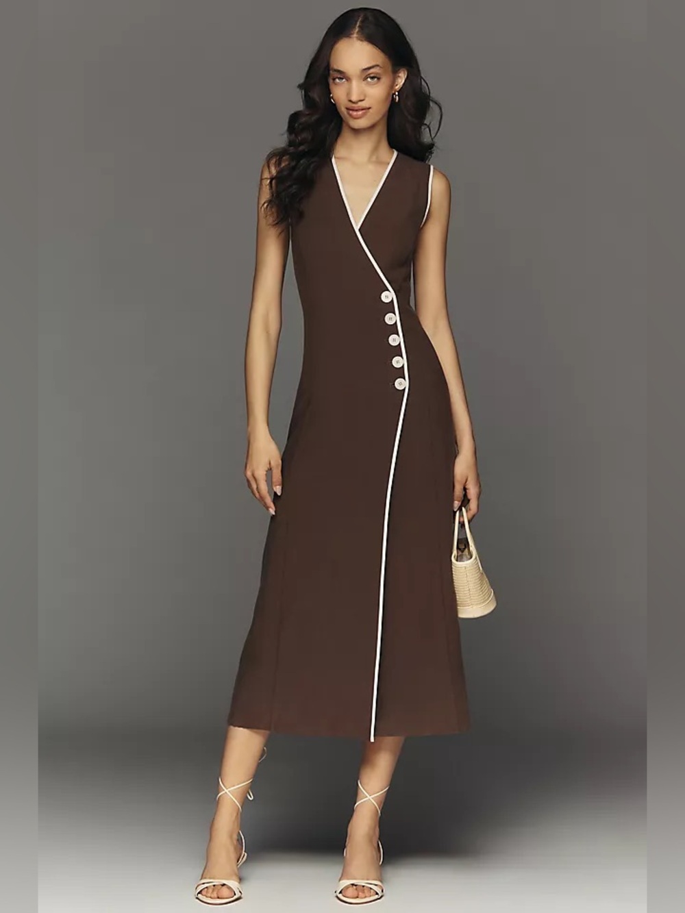 Mare Mare Anthropologie Brown One-Shoulder Wrap Dress with Cream Trim Small P - Picture 2 of 14